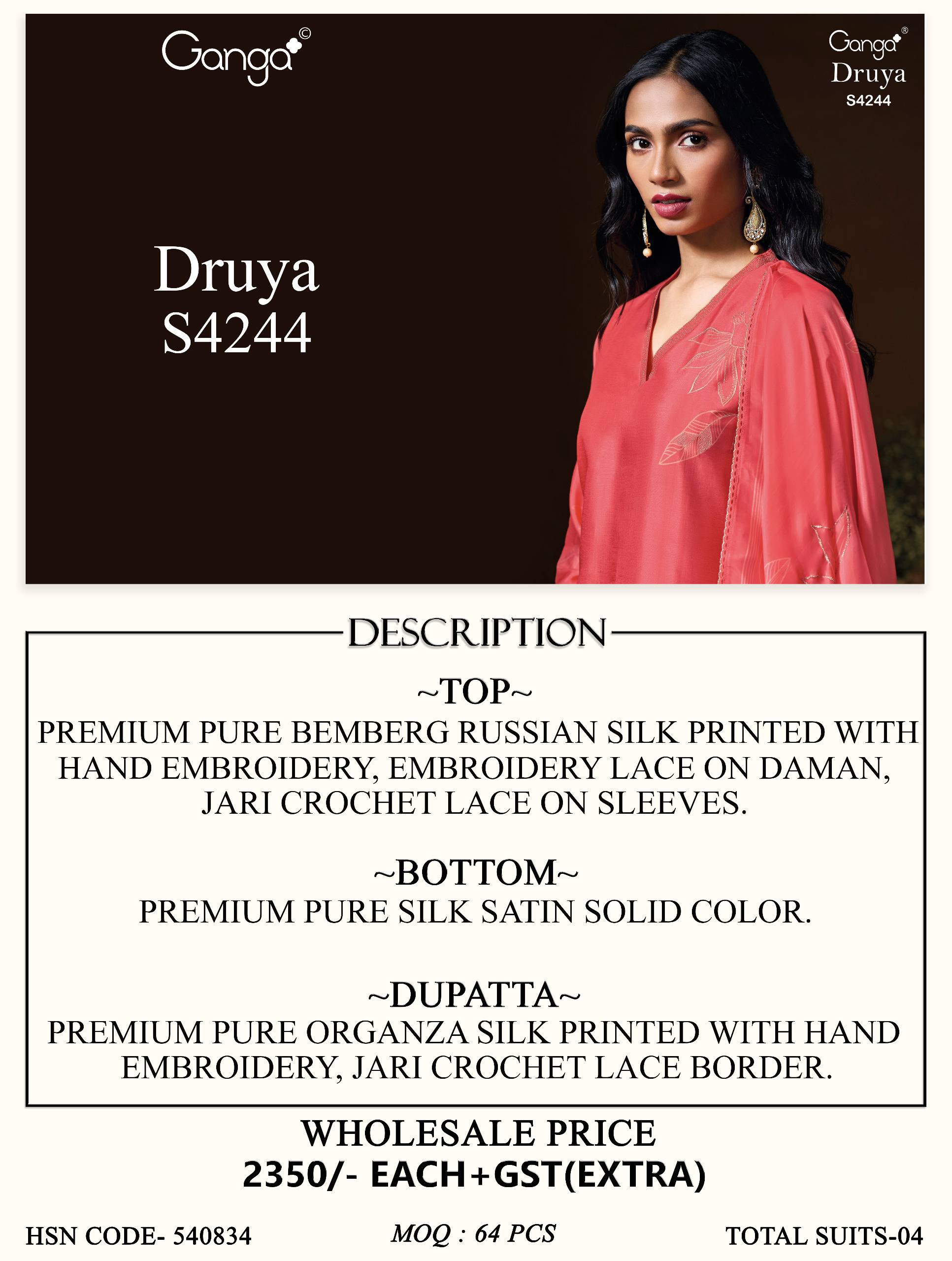 DRUYA 4244 Series By GANGA FASHION Stylish Beautiful Colourful PURE BEMBERG SILK Dresses At Wholesale Price
